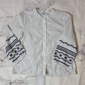 Madewell Navy and White Striped Embroidered Sleeve Shirt